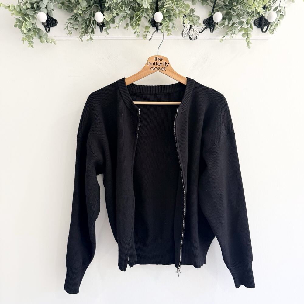 Commense Black Zip Up Knit Bomber Jacket Ribbed Black Size Small T5623